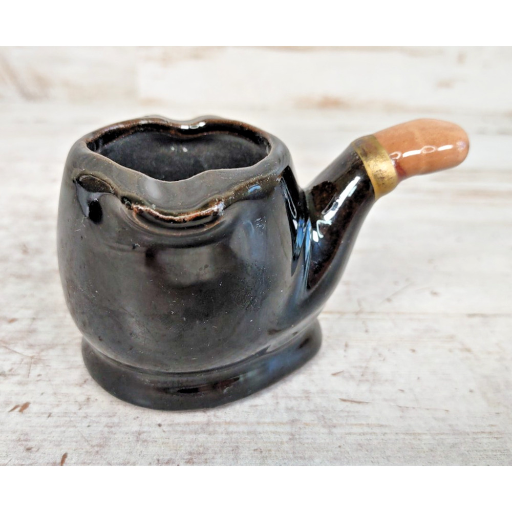 Vintage Painted Ceramic Pottery Smoking Pipe Shaped Ashtray Glazed Japan Brown